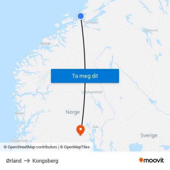 Ørland to Kongsberg map