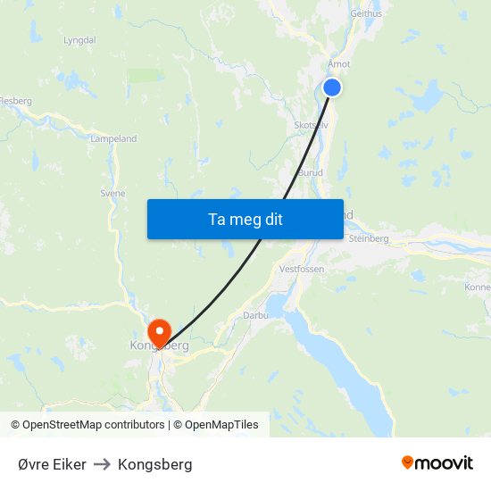 Øvre Eiker to Kongsberg map