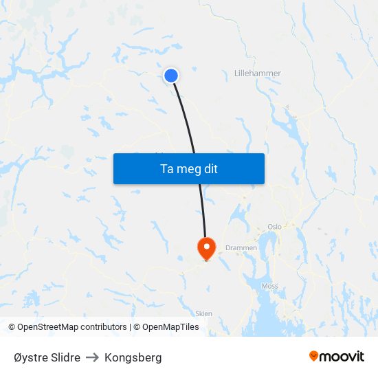Øystre Slidre to Kongsberg map