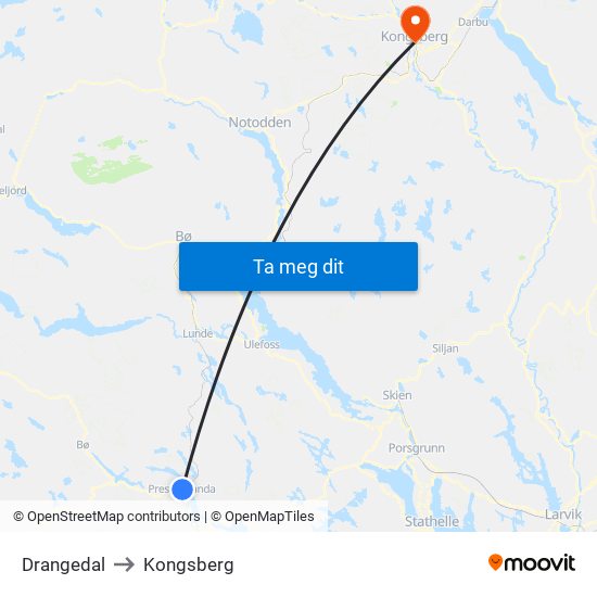 Drangedal to Kongsberg map