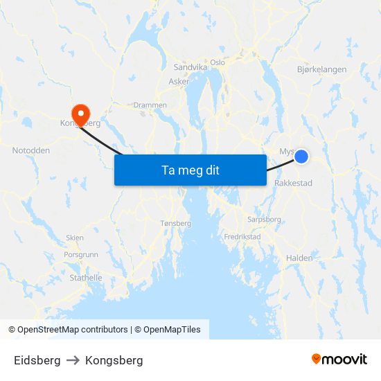 Eidsberg to Kongsberg map