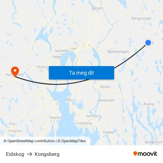 Eidskog to Kongsberg map