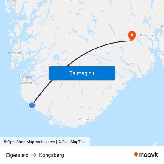Eigersund to Kongsberg map