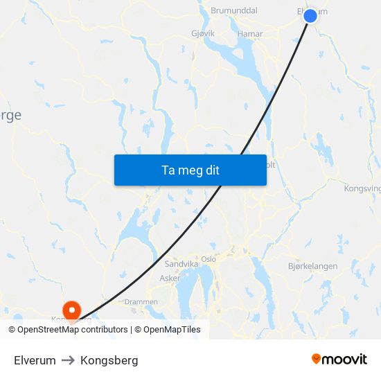 Elverum to Kongsberg map