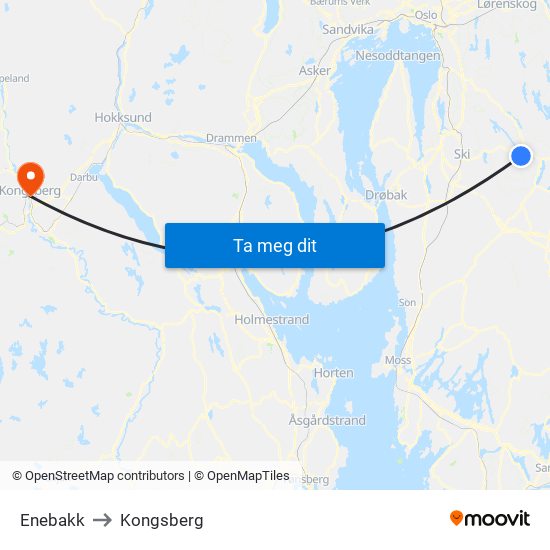 Enebakk to Kongsberg map