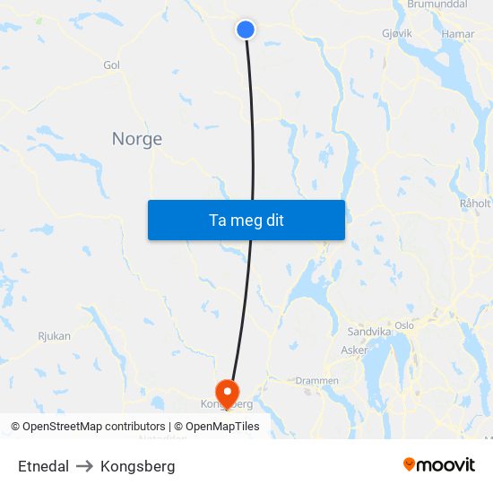 Etnedal to Kongsberg map