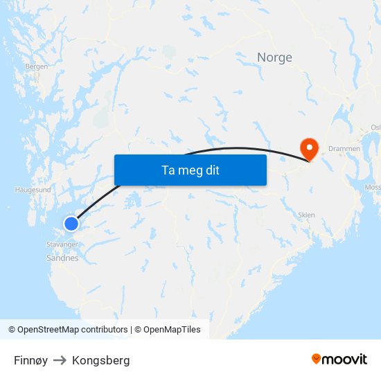 Finnøy to Kongsberg map