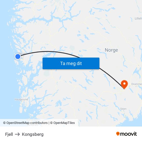Fjell to Kongsberg map