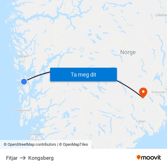 Fitjar to Kongsberg map