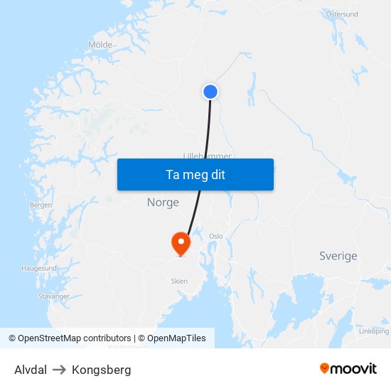 Alvdal to Kongsberg map