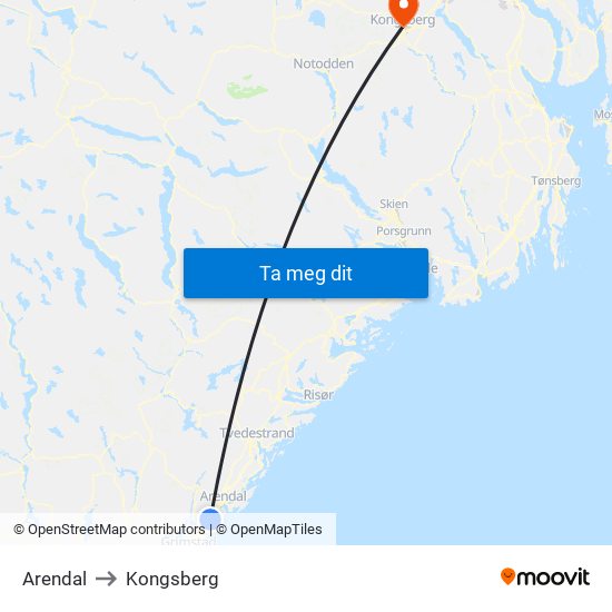 Arendal to Kongsberg map