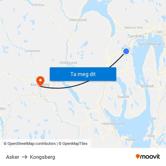 Asker to Kongsberg map