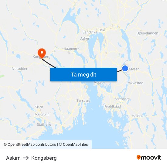 Askim to Kongsberg map