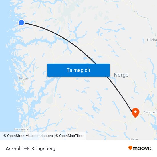 Askvoll to Kongsberg map