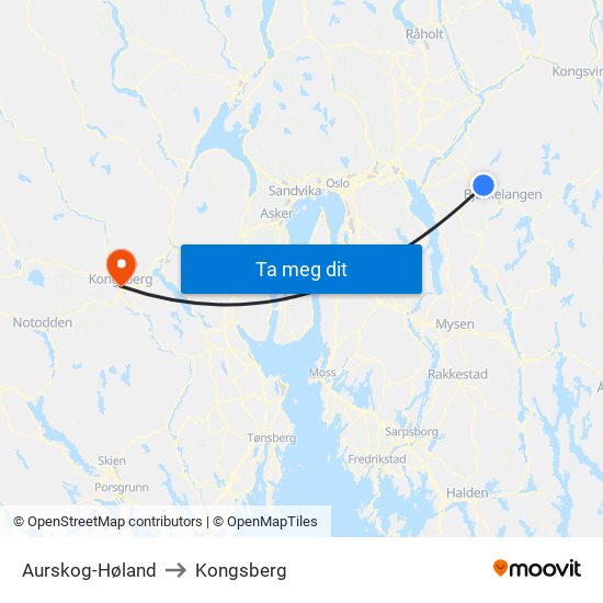 Aurskog-Høland to Kongsberg map