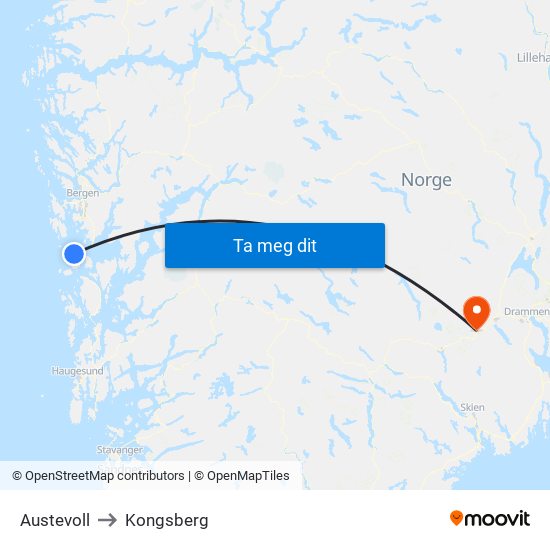 Austevoll to Kongsberg map