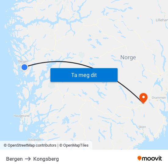Bergen to Kongsberg map