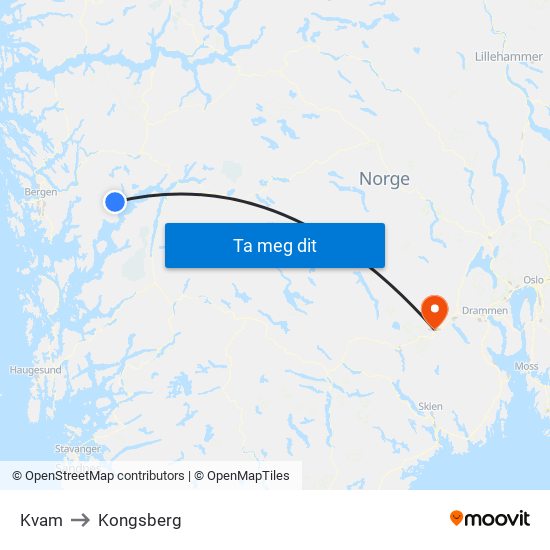 Kvam to Kongsberg map