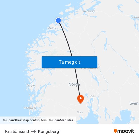 Kristiansund to Kongsberg map