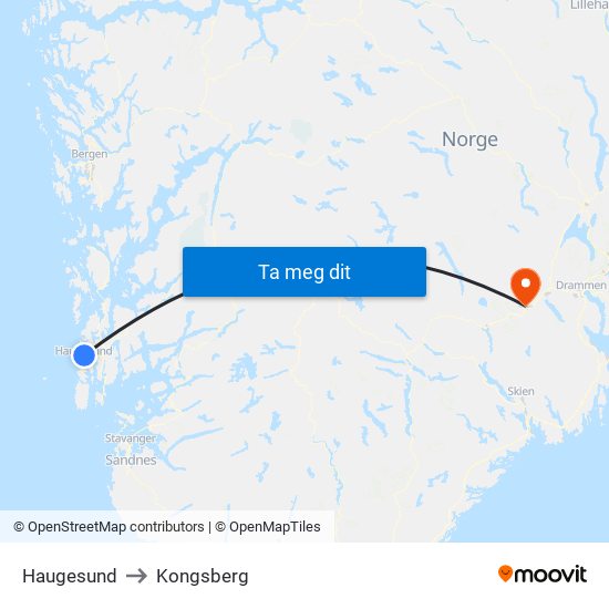 Haugesund to Kongsberg map