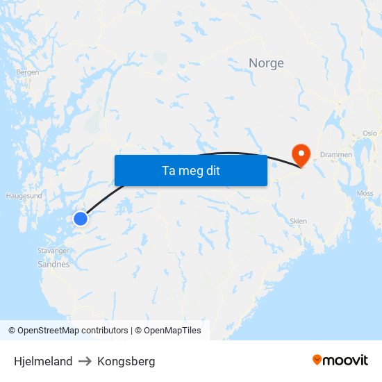 Hjelmeland to Kongsberg map