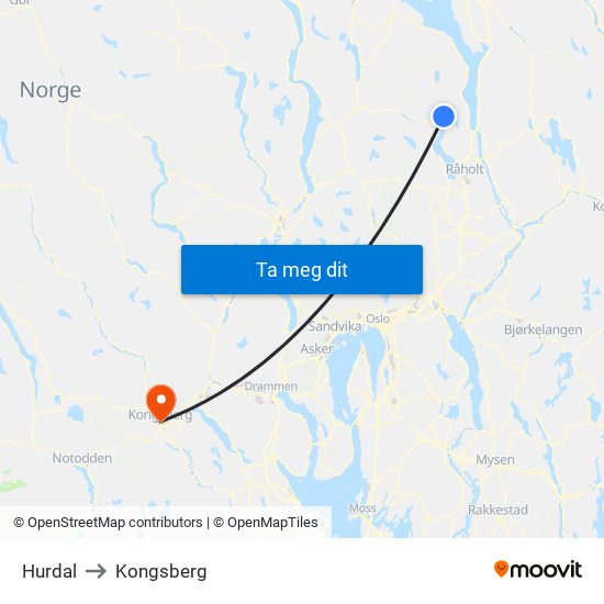 Hurdal to Kongsberg map