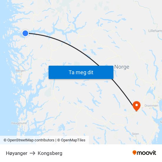 Høyanger to Kongsberg map