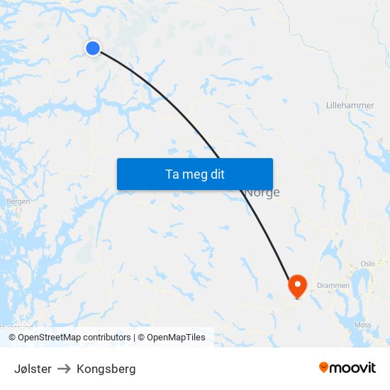 Jølster to Kongsberg map