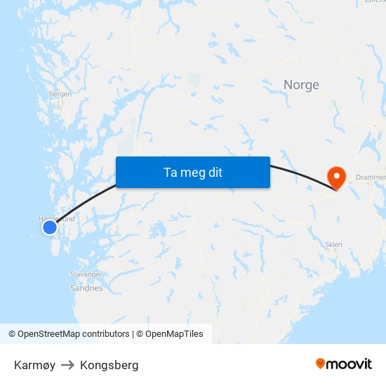 Karmøy to Kongsberg map