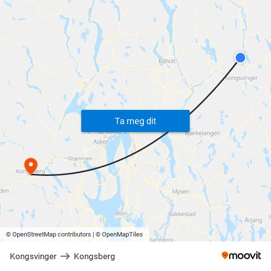 Kongsvinger to Kongsberg map