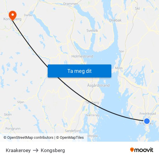 Kraakeroey to Kongsberg map