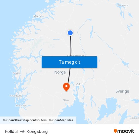 Folldal to Kongsberg map