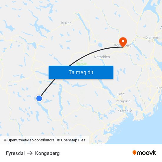 Fyresdal to Kongsberg map