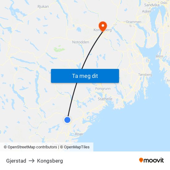 Gjerstad to Kongsberg map
