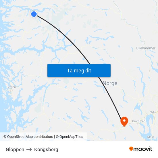 Gloppen to Kongsberg map