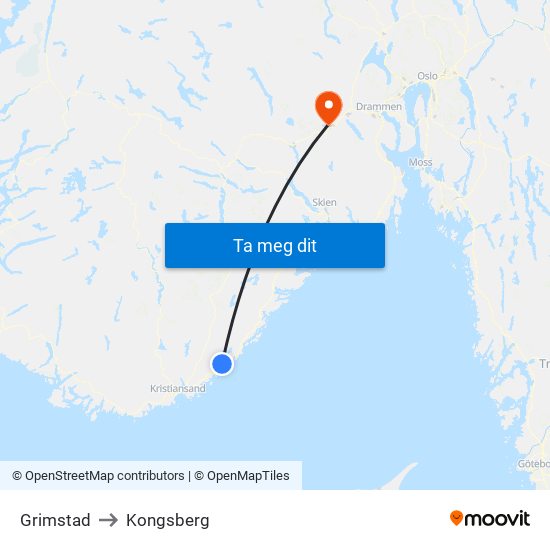 Grimstad to Kongsberg map