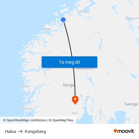 Halsa to Kongsberg map