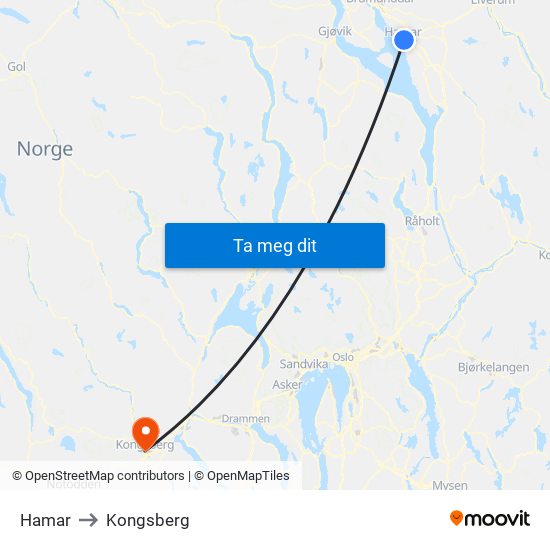 Hamar to Kongsberg map