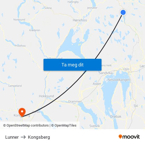 Lunner to Kongsberg map