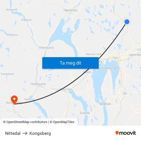 Nittedal to Kongsberg map