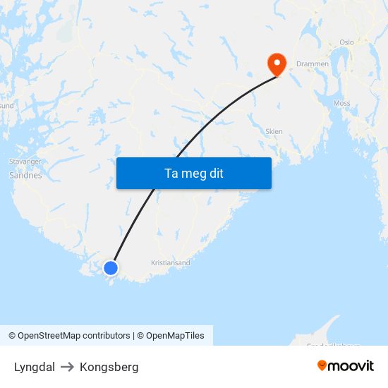Lyngdal to Kongsberg map