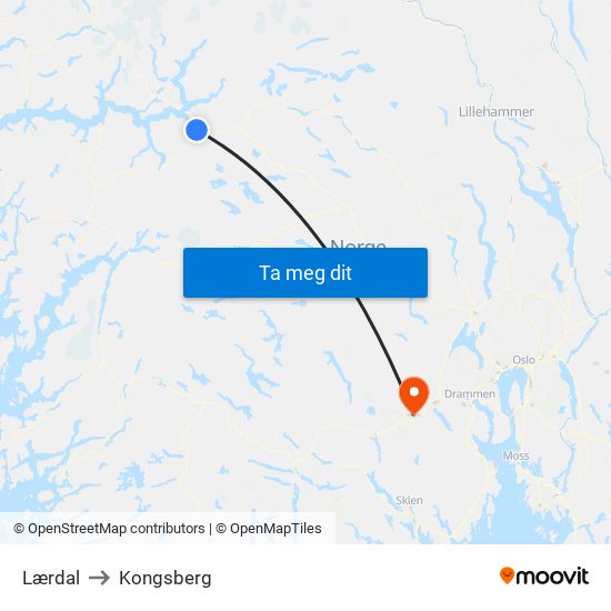 Lærdal to Kongsberg map