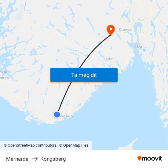 Marnardal to Kongsberg map