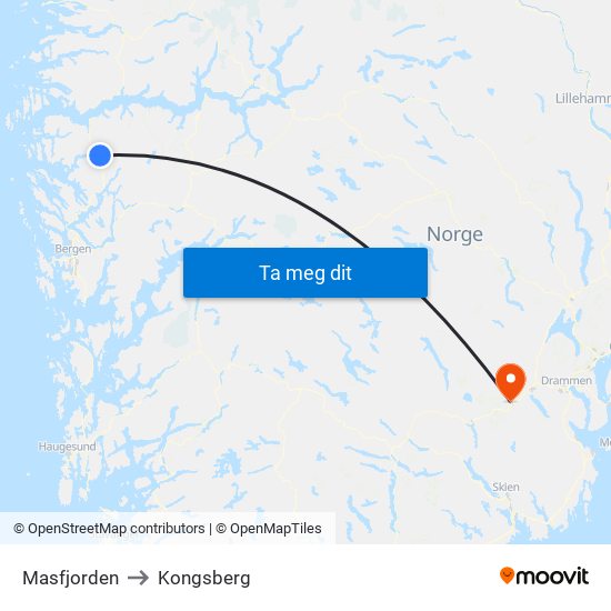 Masfjorden to Kongsberg map