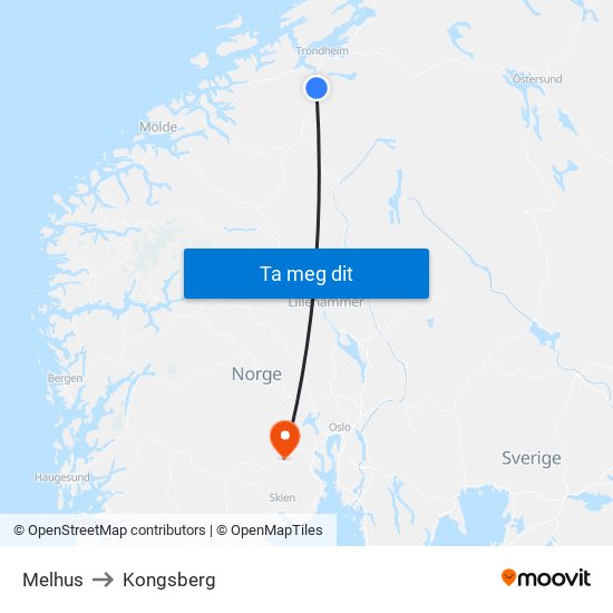 Melhus to Kongsberg map