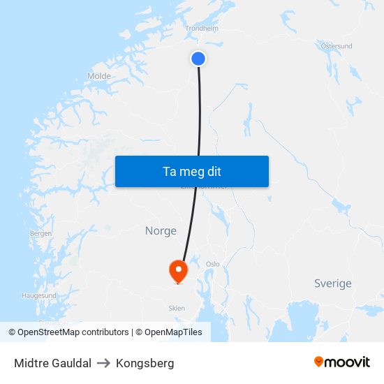 Midtre Gauldal to Kongsberg map