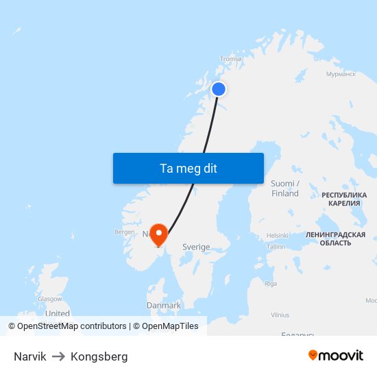 Narvik to Kongsberg map