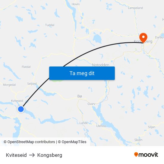 Kviteseid to Kongsberg map