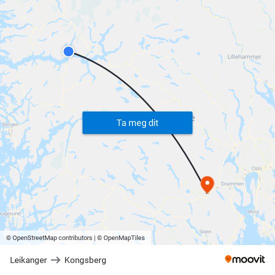 Leikanger to Kongsberg map