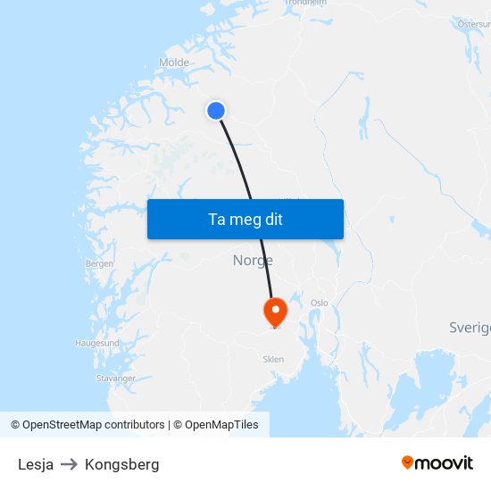 Lesja to Kongsberg map